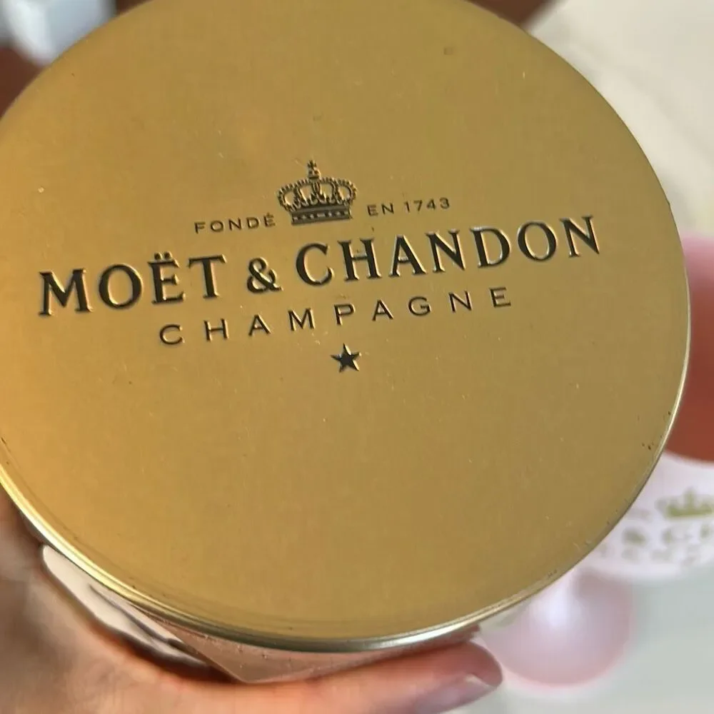 Moët & Chandon gold large tin and pink plastic glass